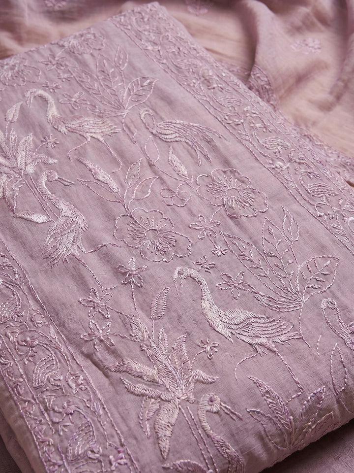 Lavender Embroidered Chanderi Unstitched Suit With Pant &amp; Dupatta