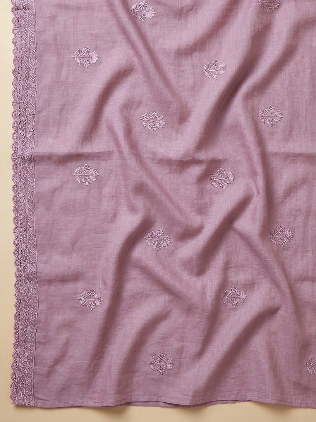 Lavender Embroidered Chanderi Unstitched Suit With Pant &amp; Dupatta