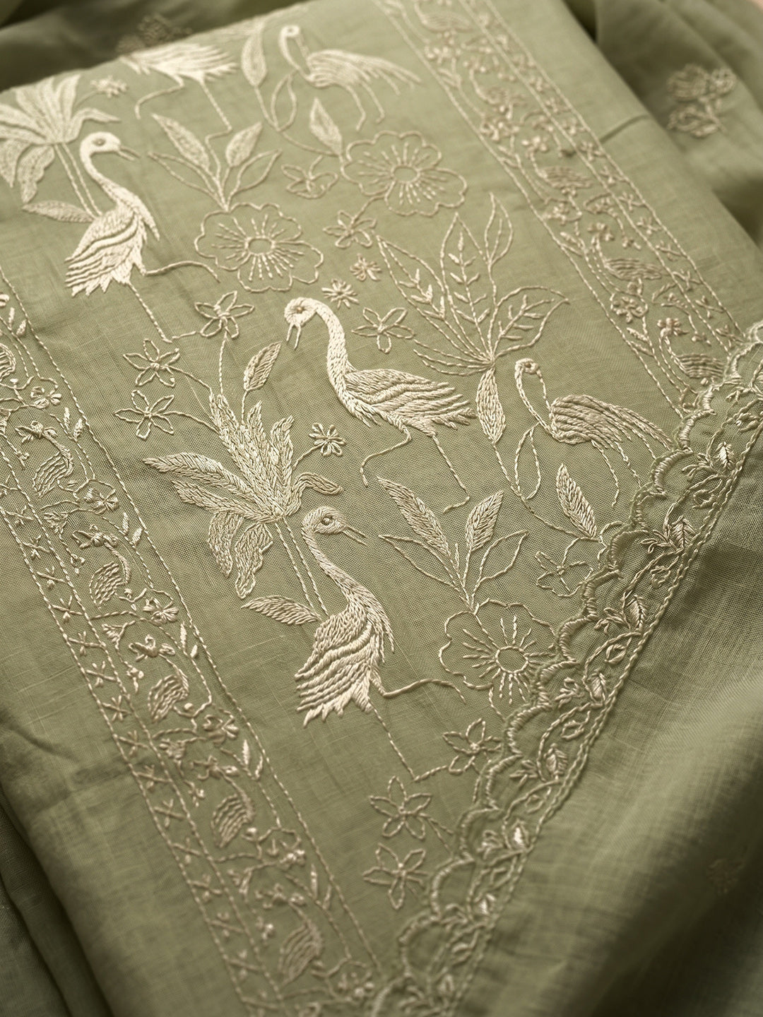 Mehndi Embroidered Chanderi Unstitched Suit With Pant &amp; Dupatta