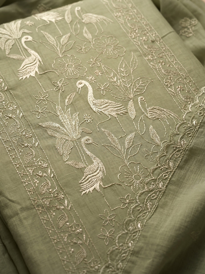 Mehndi Embroidered Chanderi Unstitched Suit With Pant &amp; Dupatta