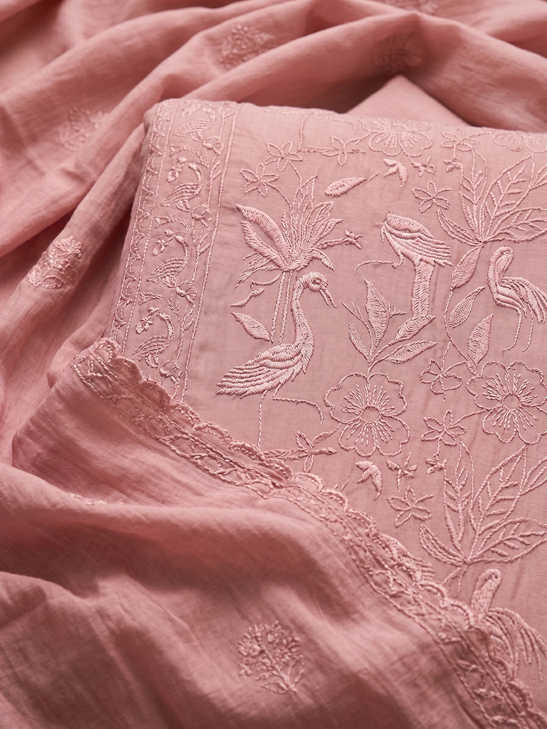 Peach Embroidered Chanderi Unstitched Suit With Pant &amp; Dupatta