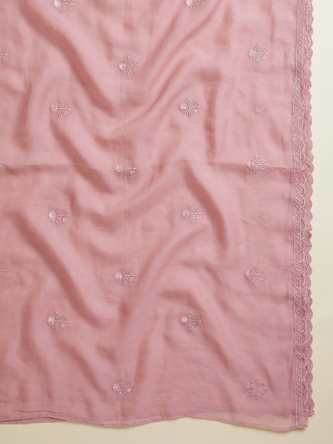 Peach Embroidered Chanderi Unstitched Suit With Pant &amp; Dupatta
