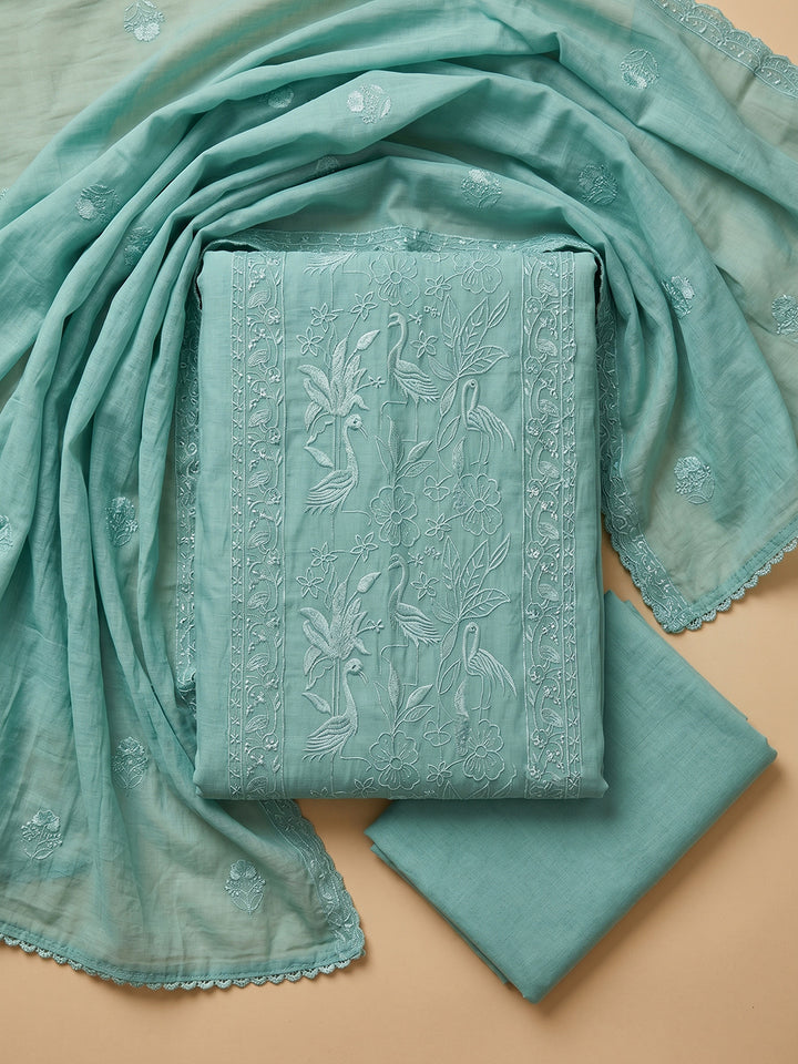 Sea Green Embroidered Chanderi Unstitched Suit With Pant &amp; Dupatta