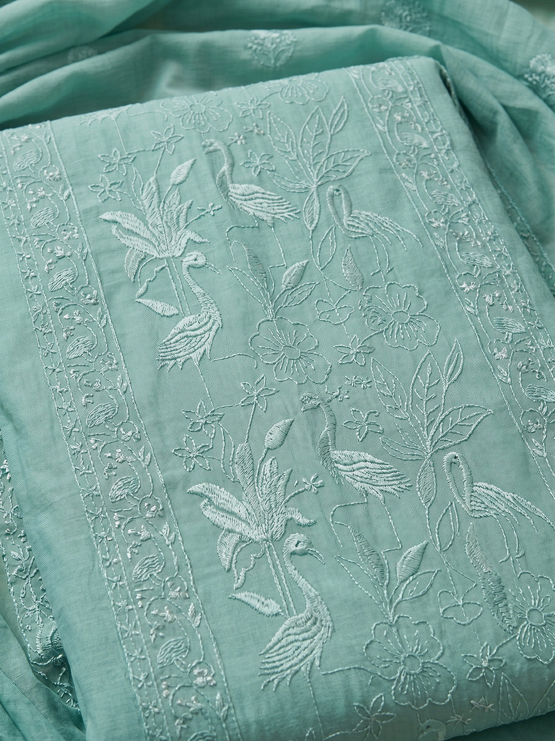 Sea Green Embroidered Chanderi Unstitched Suit With Pant &amp; Dupatta