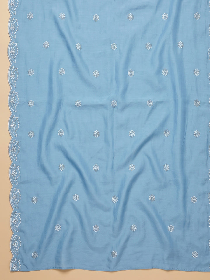 Blue Printed Cotton Blend Unstitched Suit With Pant &amp; Dupatta