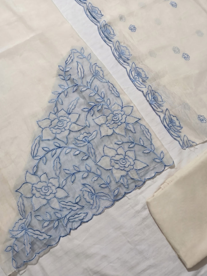 White Printed Cotton Blend Unstitched Suit With Pant &amp; Dupatta