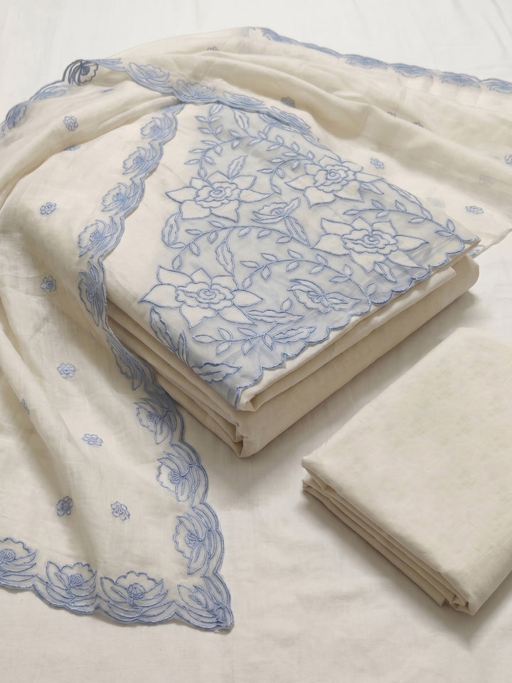 White Printed Cotton Blend Unstitched Suit With Pant &amp; Dupatta