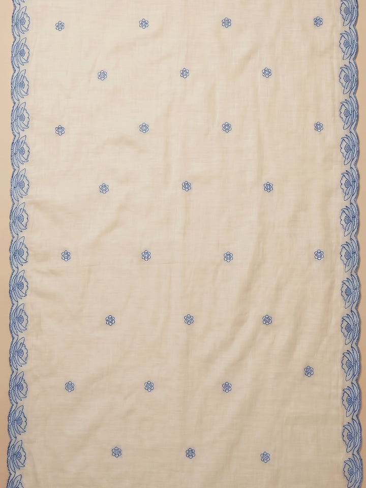 White Printed Cotton Blend Unstitched Suit With Pant &amp; Dupatta