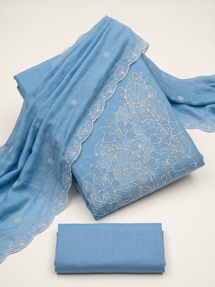 Blue Embroidered Chanderi Unstitched Suit With Pant &amp; Dupatta