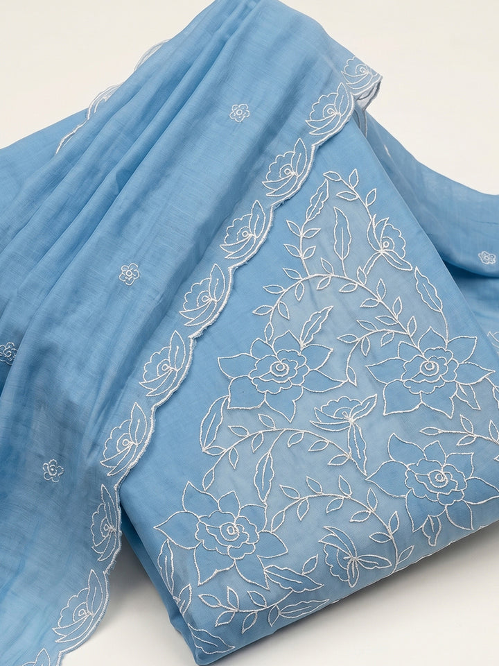 Blue Embroidered Chanderi Unstitched Suit With Pant &amp; Dupatta