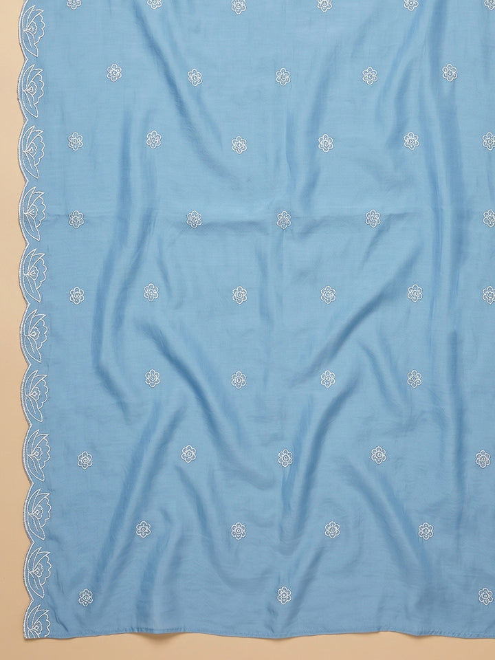 Blue Embroidered Chanderi Unstitched Suit With Pant &amp; Dupatta