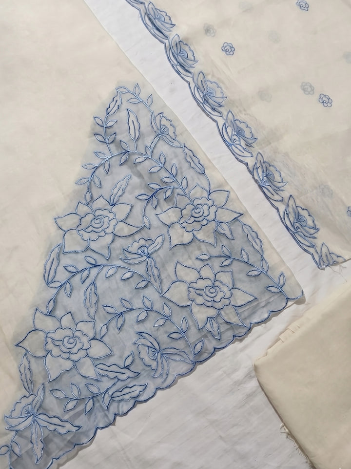 Off White Embroidered Chanderi Unstitched Suit With Pant &amp; Dupatta