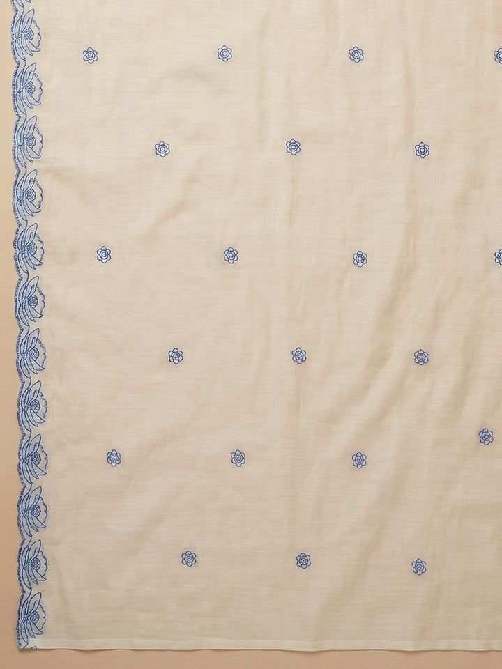 Off White Embroidered Chanderi Unstitched Suit With Pant &amp; Dupatta