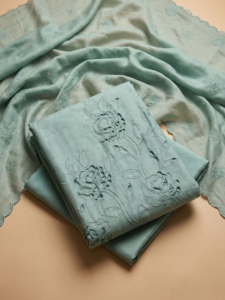 Aqua Blue Embroidered Chanderi Unstitched Suit &amp; Pant With Chanderi Dupatta