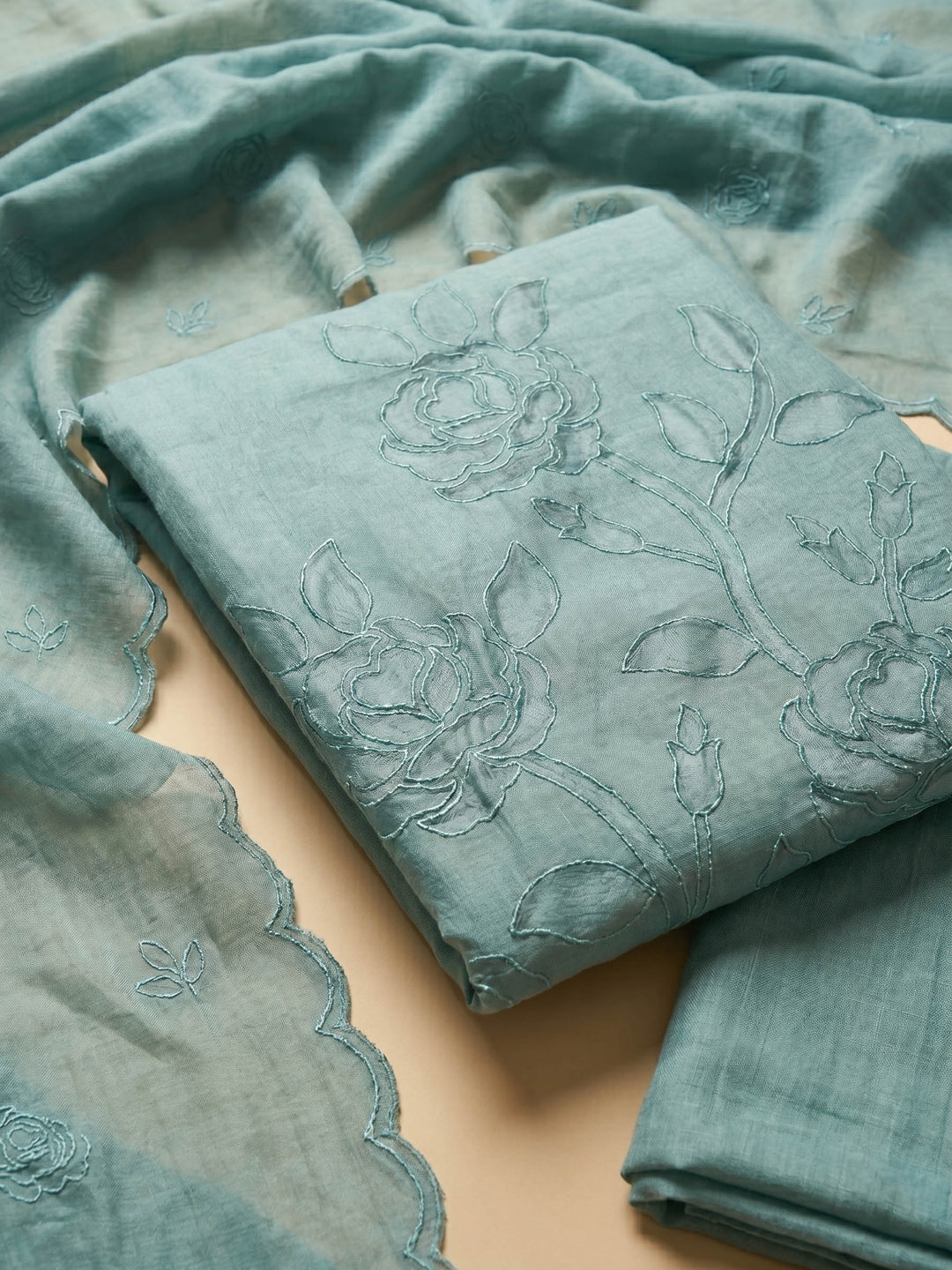 Aqua Blue Embroidered Chanderi Unstitched Suit &amp; Pant With Chanderi Dupatta