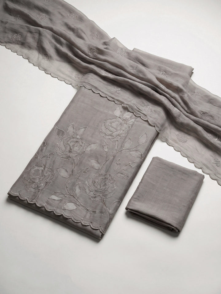 Mouse Embroidered Chanderi Unstitched Suit &amp; Pant With Chanderi Dupatta