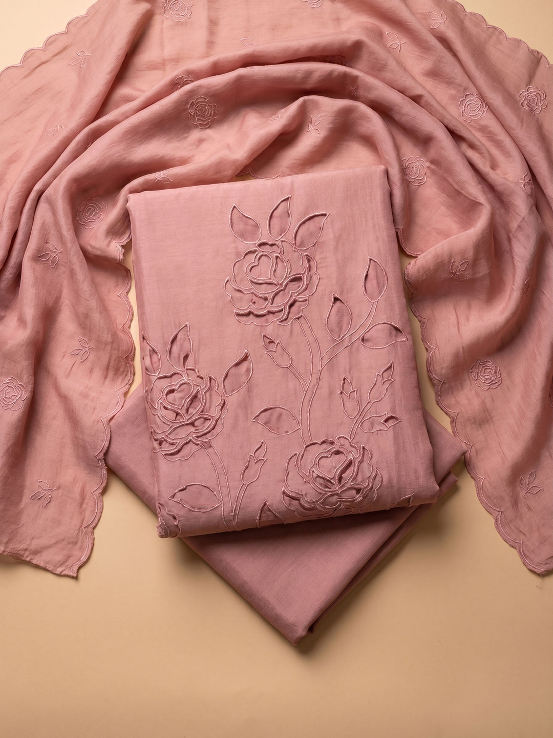 Peach Embroidered Chanderi Unstitched Suit &amp; Pant With Chanderi Dupatta