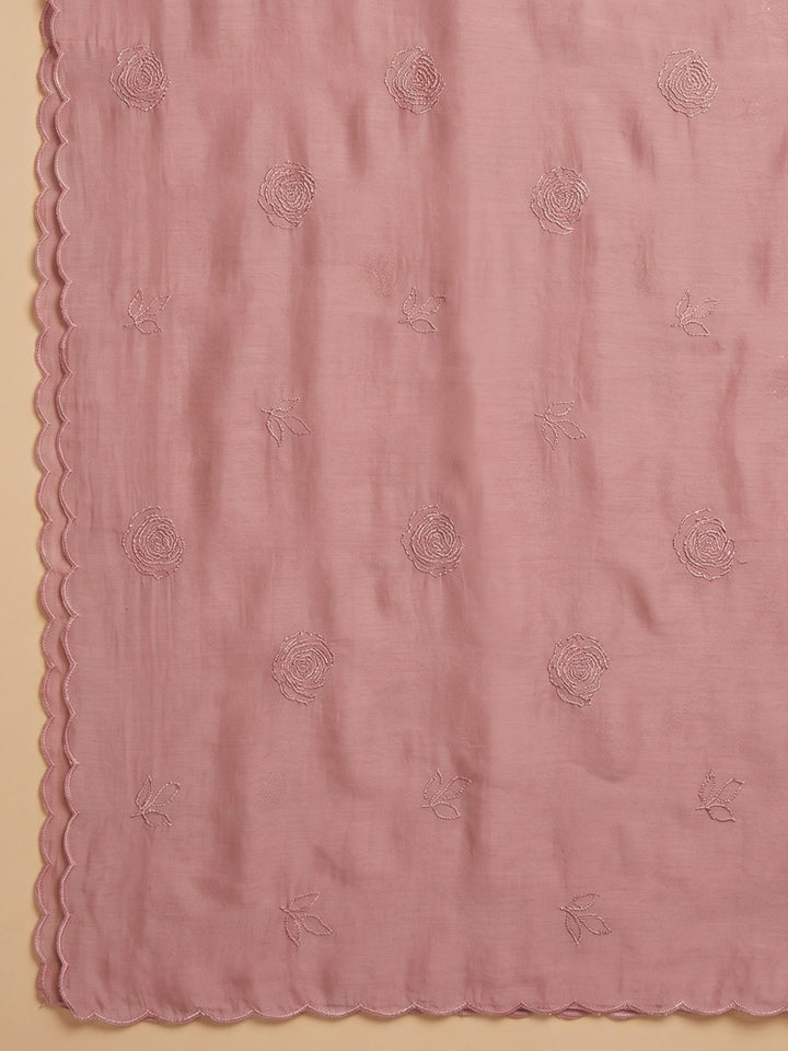 Peach Embroidered Chanderi Unstitched Suit &amp; Pant With Chanderi Dupatta