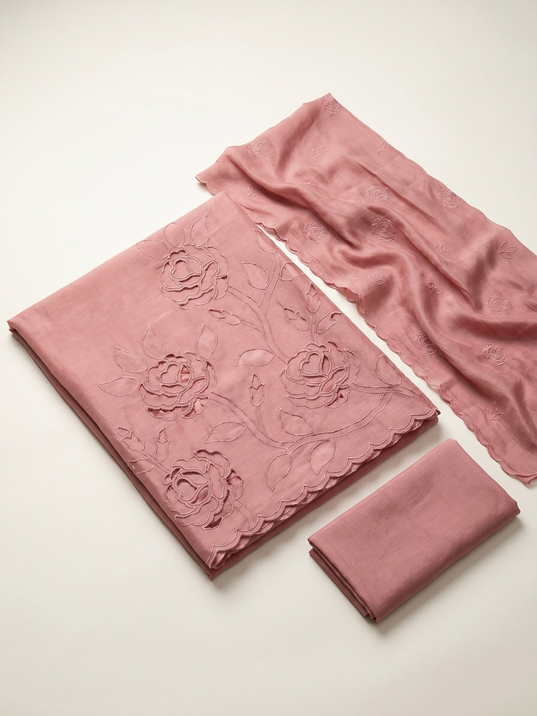 Peach Embroidered Chanderi Unstitched Suit &amp; Pant With Chanderi Dupatta