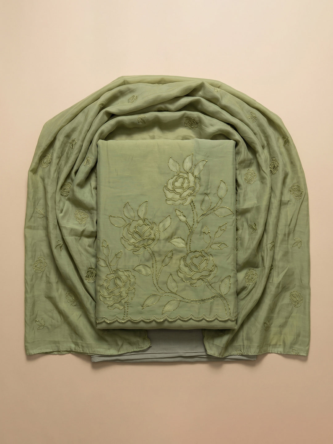 Pista Green Embroidered Chanderi Unstitched Suit &amp; Pant With Chanderi Dupatta