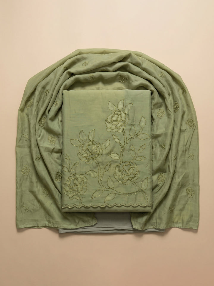 Pista Green Embroidered Chanderi Unstitched Suit &amp; Pant With Chanderi Dupatta