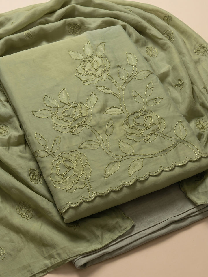 Pista Green Embroidered Chanderi Unstitched Suit &amp; Pant With Chanderi Dupatta