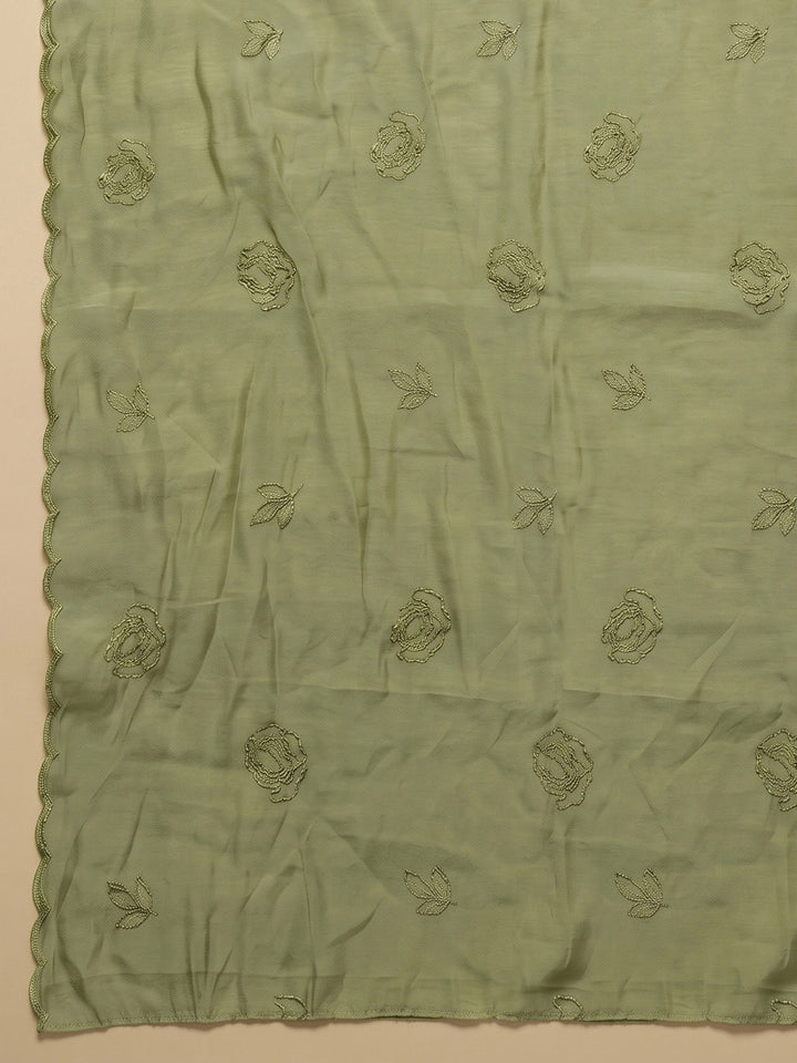 Pista Green Embroidered Chanderi Unstitched Suit &amp; Pant With Chanderi Dupatta