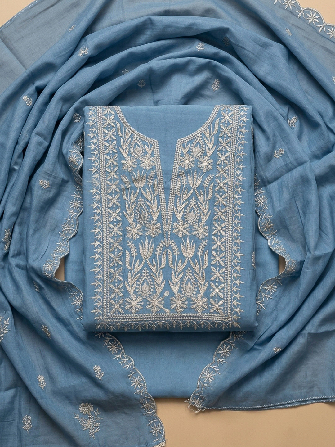 Indigo Embroidery Chanderi Unstitched Dress Material