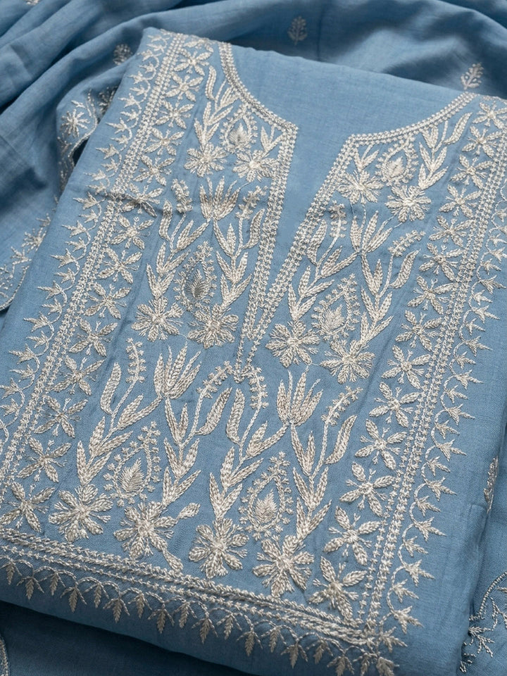 Indigo Embroidery Chanderi Unstitched Dress Material