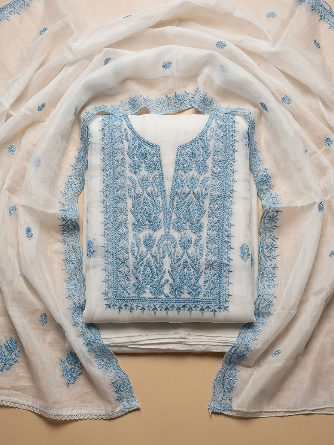 Off White Embroidery Chanderi Unstitched Dress Material