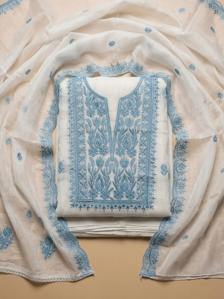 Off White Embroidery Chanderi Unstitched Dress Material