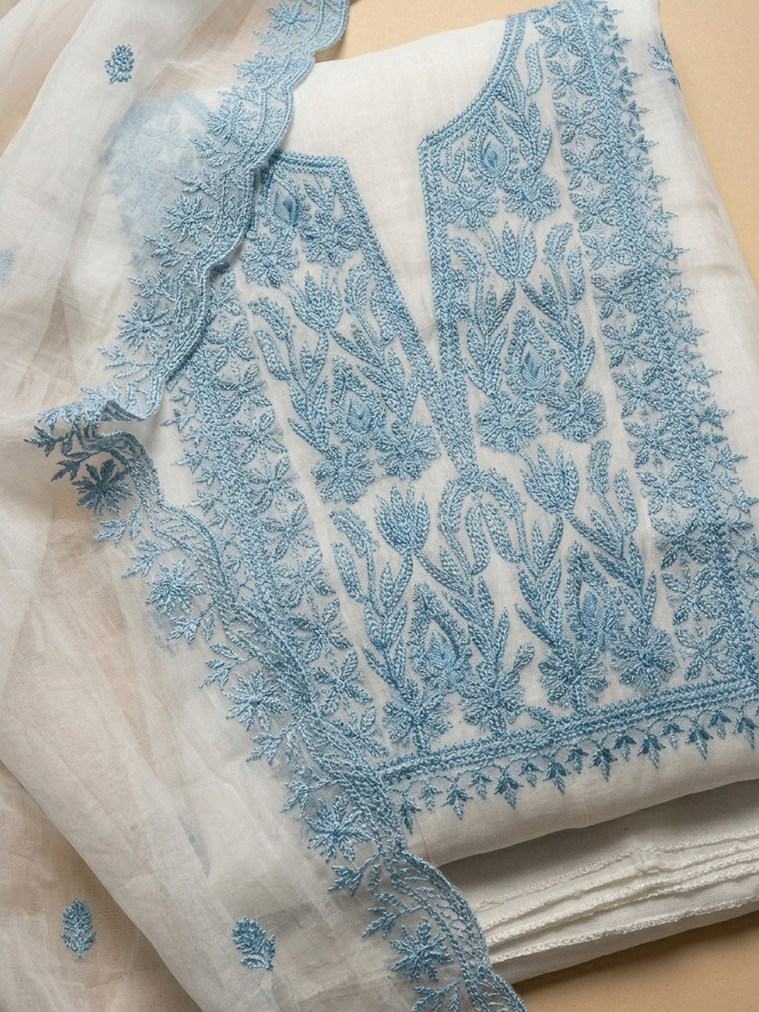 Off White Embroidery Chanderi Unstitched Dress Material