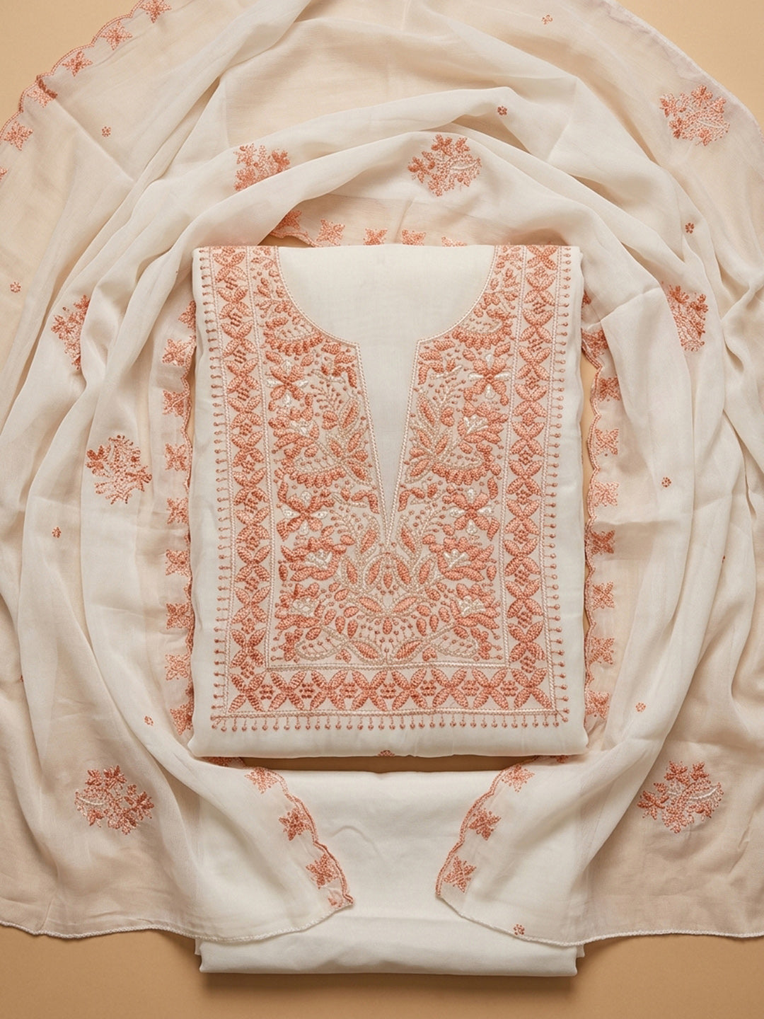 Peach Embroidery Chanderi Unstitched Dress Material