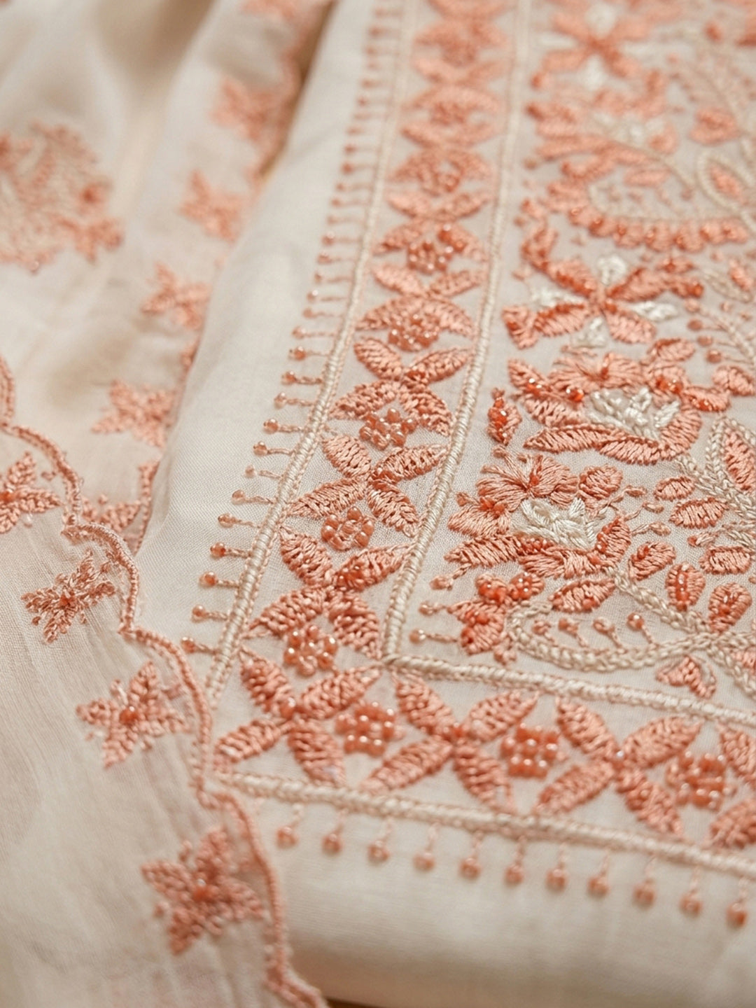 Peach Embroidery Chanderi Unstitched Dress Material