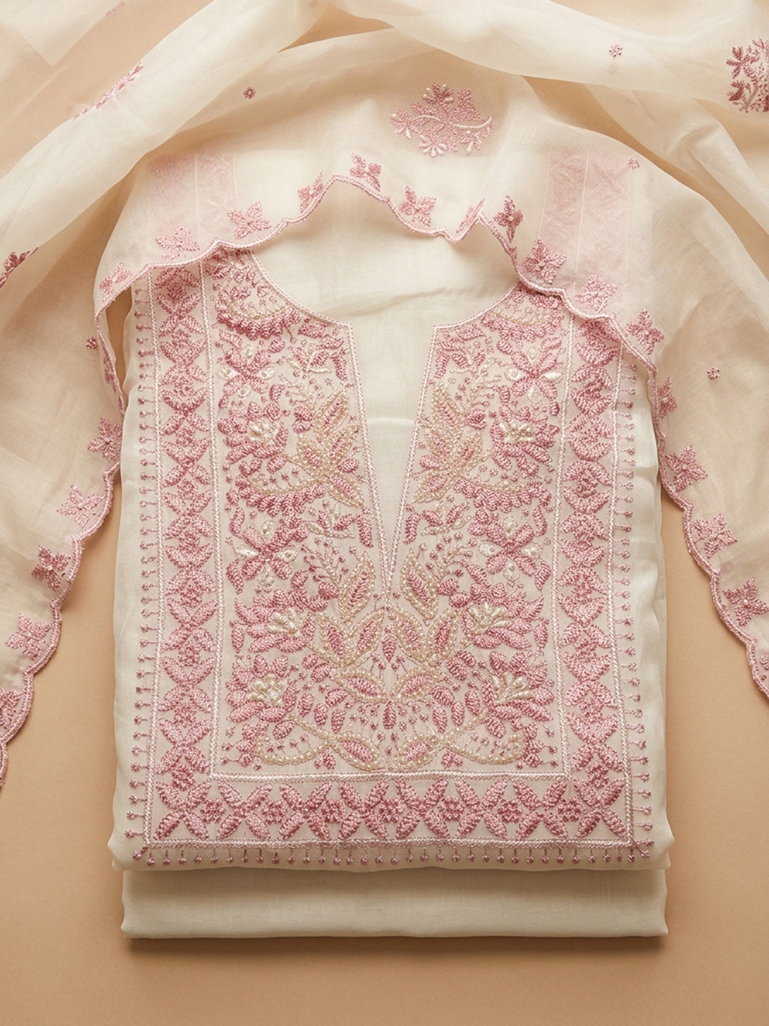 Pink Embroidery Chanderi Unstitched Dress Material