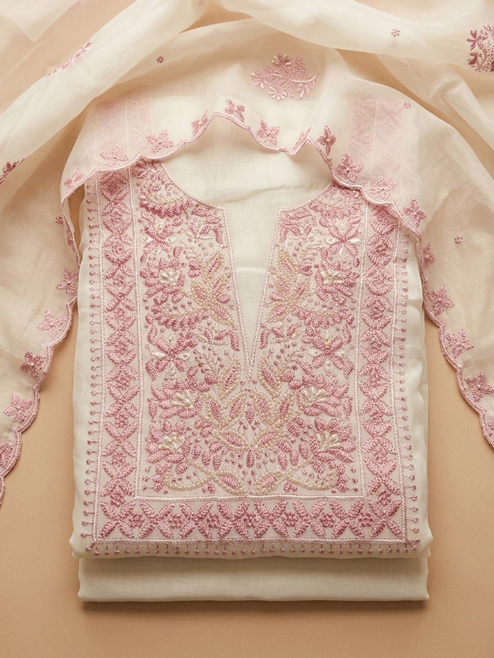 Pink Embroidery Chanderi Unstitched Dress Material
