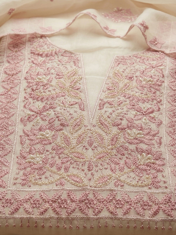 Pink Embroidery Chanderi Unstitched Dress Material