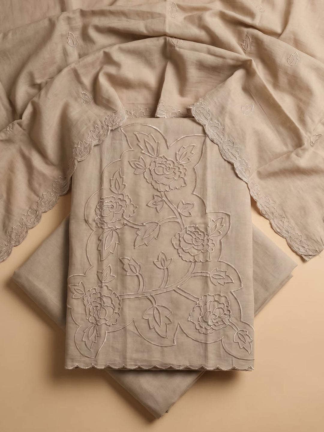 Beige Embroidered Chanderi Unstitched Suit &amp; Pant With Chanderi Dupatta