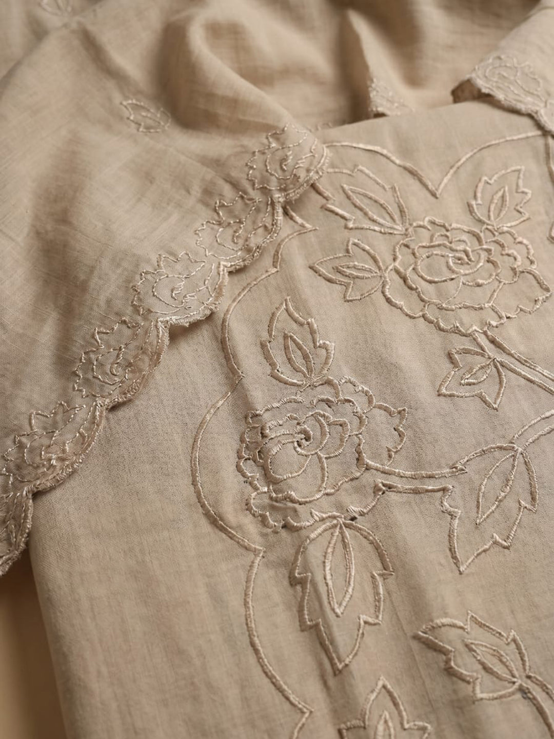 Beige Embroidered Chanderi Unstitched Suit &amp; Pant With Chanderi Dupatta
