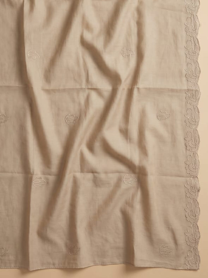 Beige Embroidered Chanderi Unstitched Suit &amp; Pant With Chanderi Dupatta