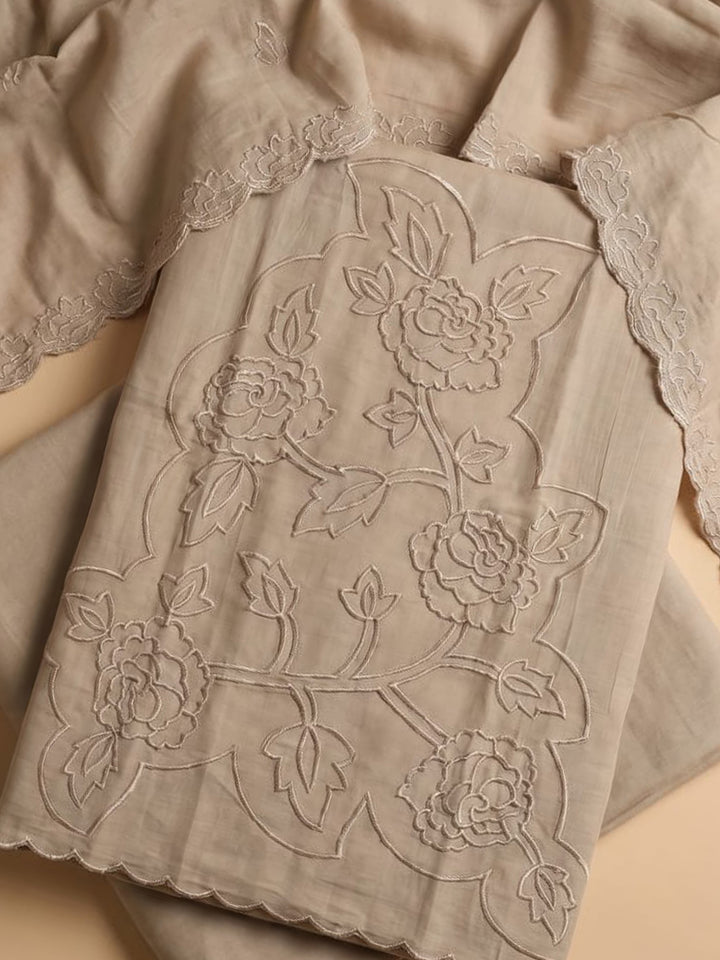 Beige Embroidered Chanderi Unstitched Suit &amp; Pant With Chanderi Dupatta