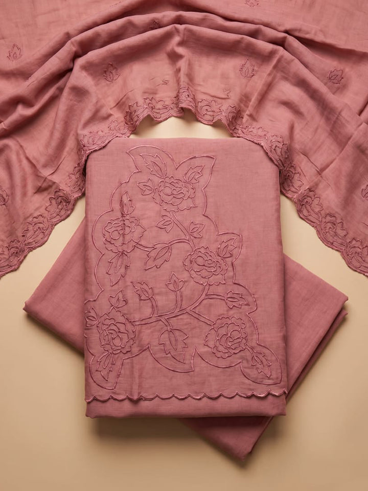 Dusty Pink Embroidered Chanderi Unstitched Suit &amp; Pant With Chanderi Dupatta
