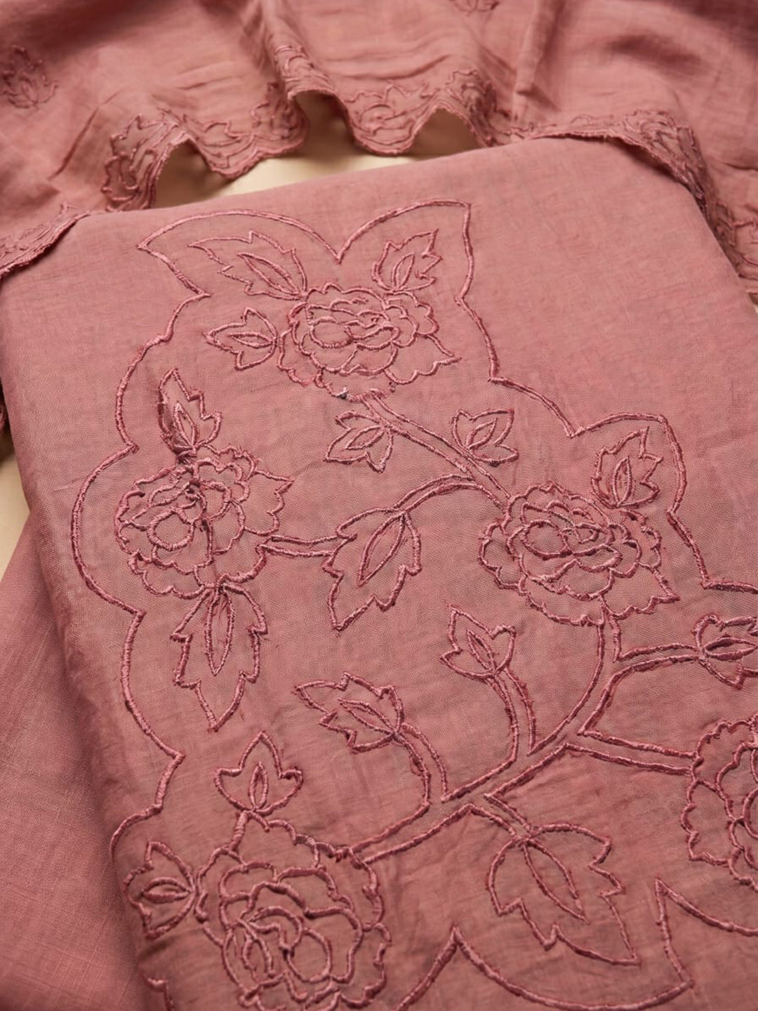 Dusty Pink Embroidered Chanderi Unstitched Suit &amp; Pant With Chanderi Dupatta