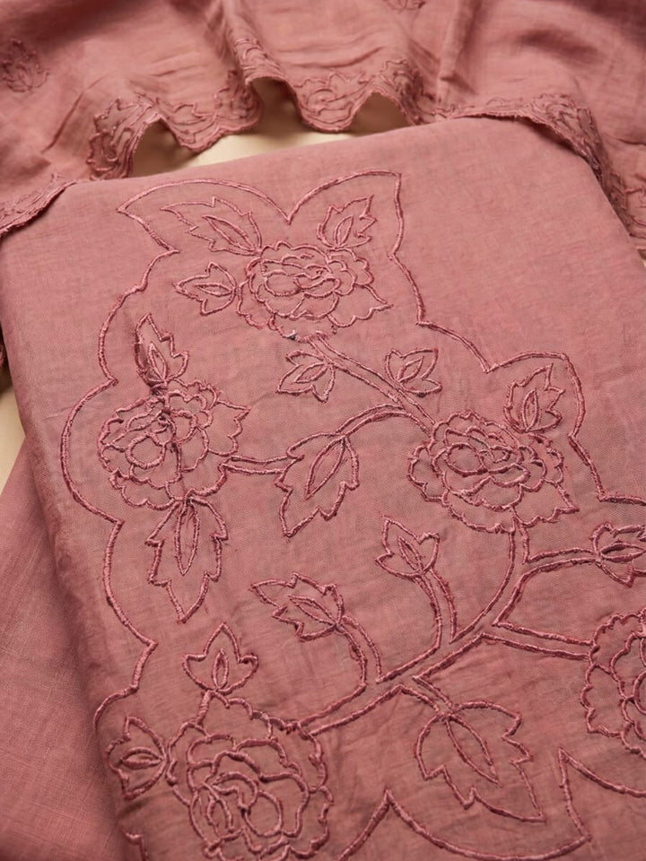 Dusty Pink Embroidered Chanderi Unstitched Suit &amp; Pant With Chanderi Dupatta