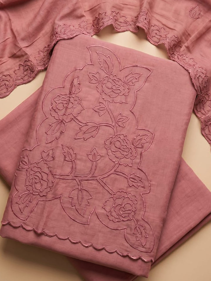 Dusty Pink Embroidered Chanderi Unstitched Suit &amp; Pant With Chanderi Dupatta