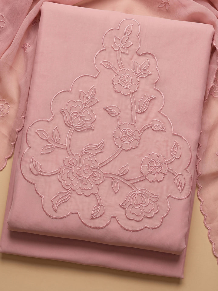 Peach Embroidered Chanderi Unstitched Suit &amp; Pant With Chanderi Dupatta