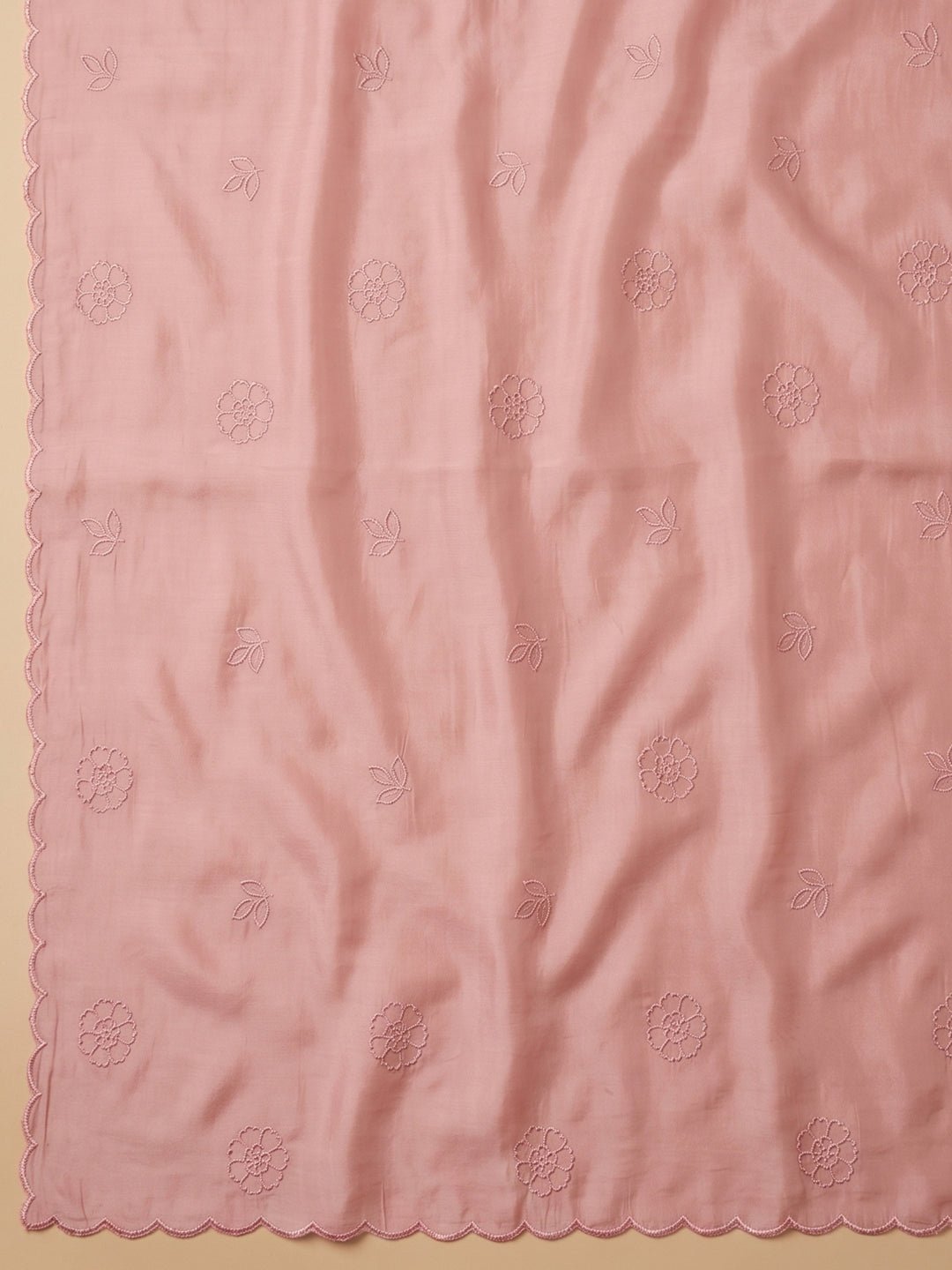 Peach Embroidered Chanderi Unstitched Suit &amp; Pant With Chanderi Dupatta