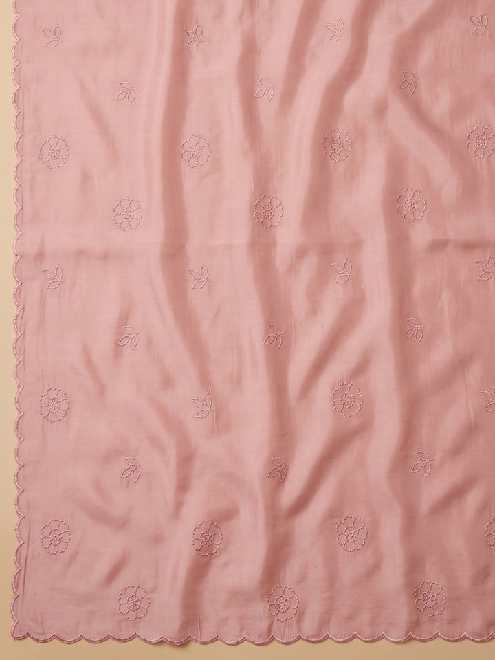 Peach Embroidered Chanderi Unstitched Suit &amp; Pant With Chanderi Dupatta