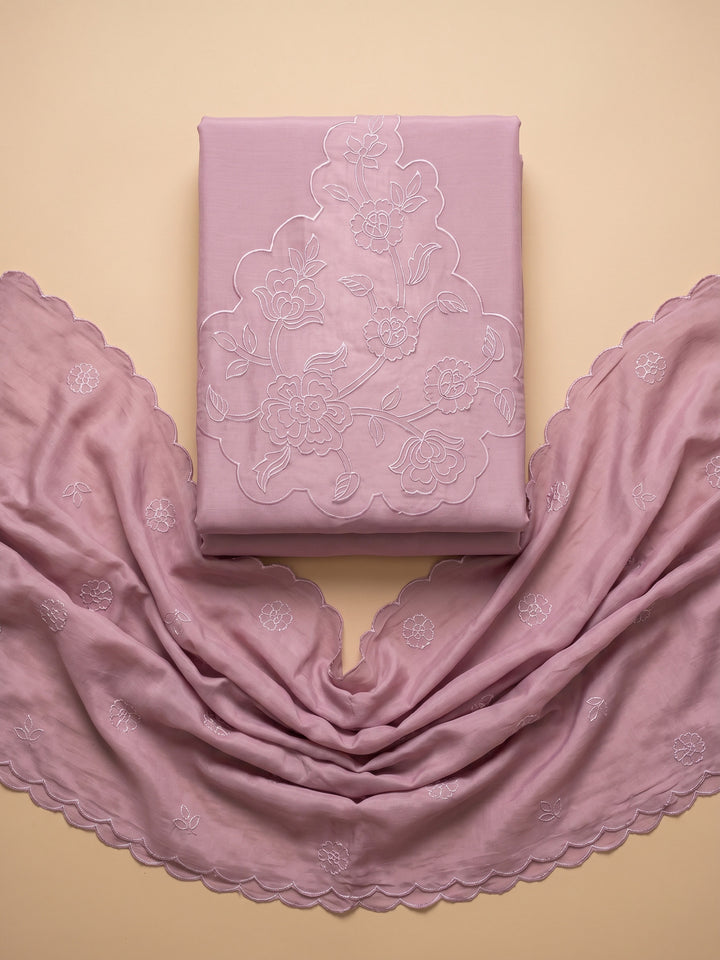 Pink Lavender Embroidered Chanderi Unstitched Suit &amp; Pant With Chanderi Dupatta