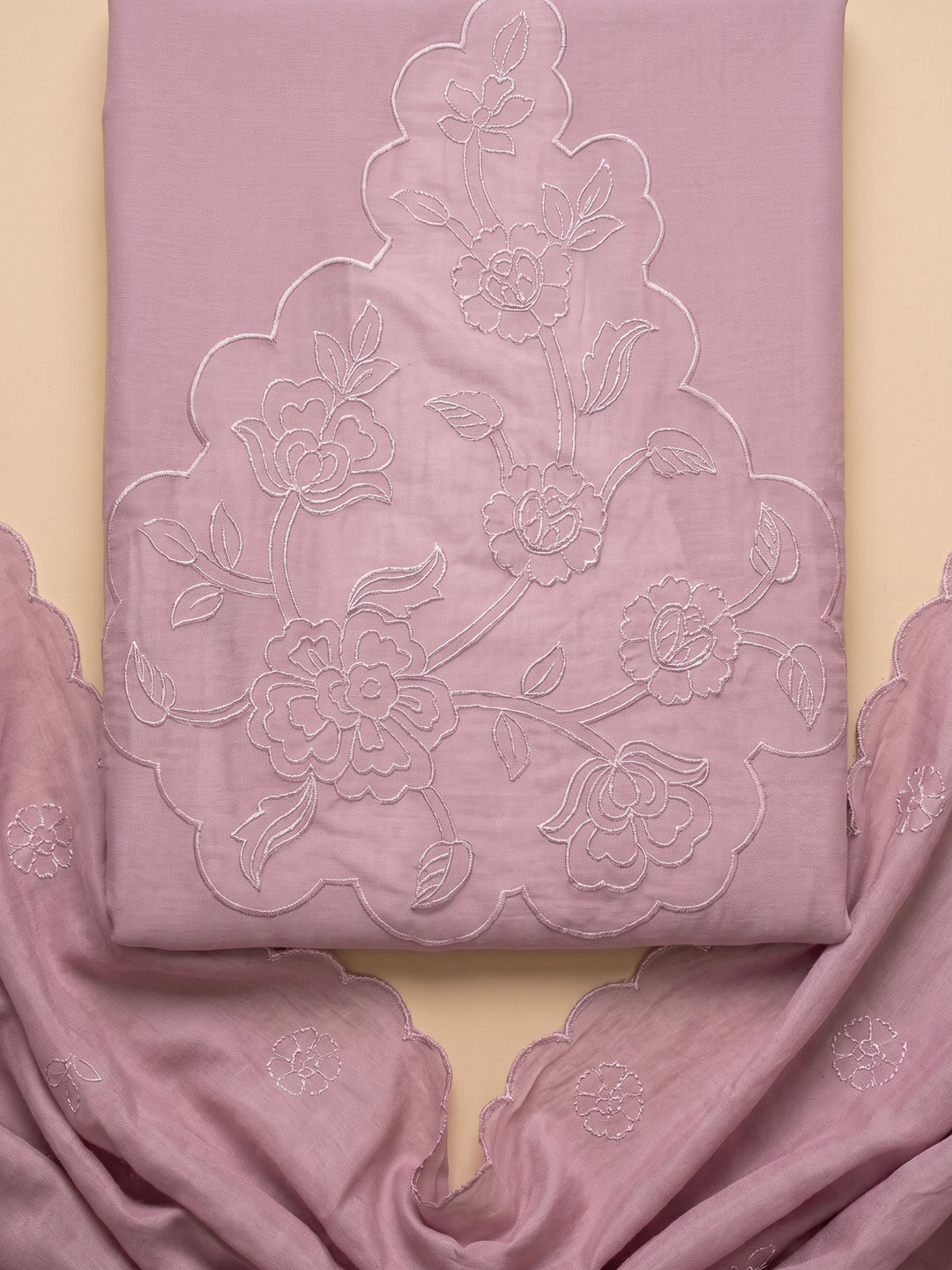 Pink Lavender Embroidered Chanderi Unstitched Suit &amp; Pant With Chanderi Dupatta